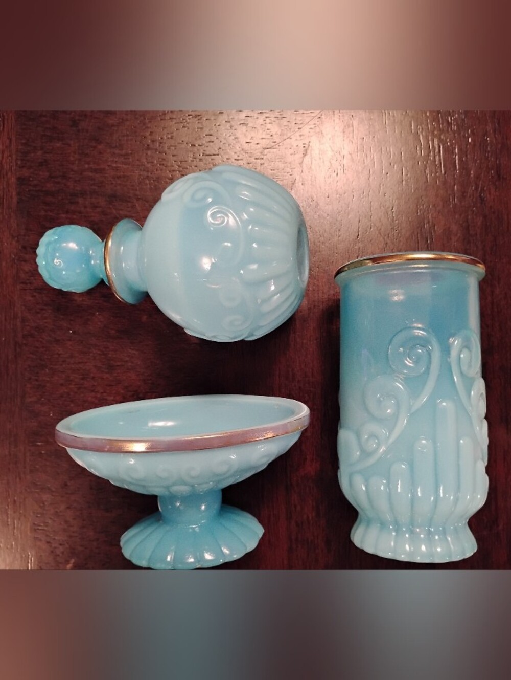 Vintage Avon Bristol BLUE OPALESCENT TUMBLER, PERFUME DECANTER, SOAP DISH SET